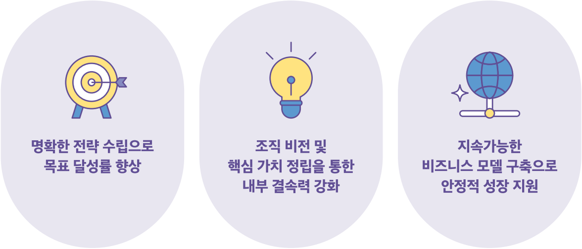 명확한 전략 수립으로 목표 달성률 향상, 조직 비전 및 핵심 가치 정립을 통한 내부 결속력 강화, 지속가능한 비즈니스 모델 구축으로 안정적 성장 지원